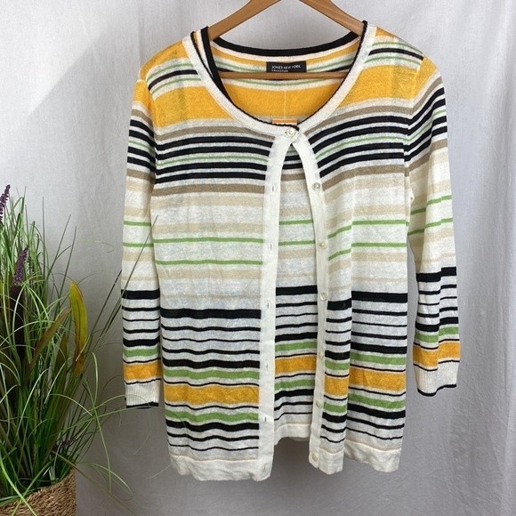 Jones NY Striped Linen Blend Twinset Cardigan & Tank Top Set NEW S - Picture 2 of 7